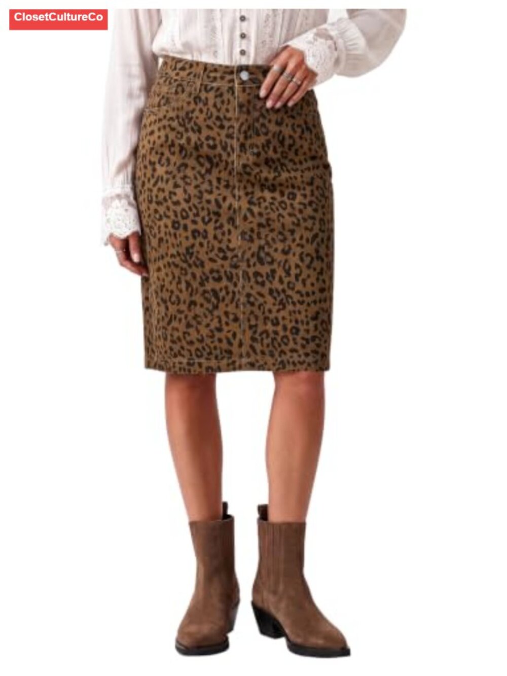 Leopard Print Midi Denim Skirt High Waisted A-Line Cotton Blend
